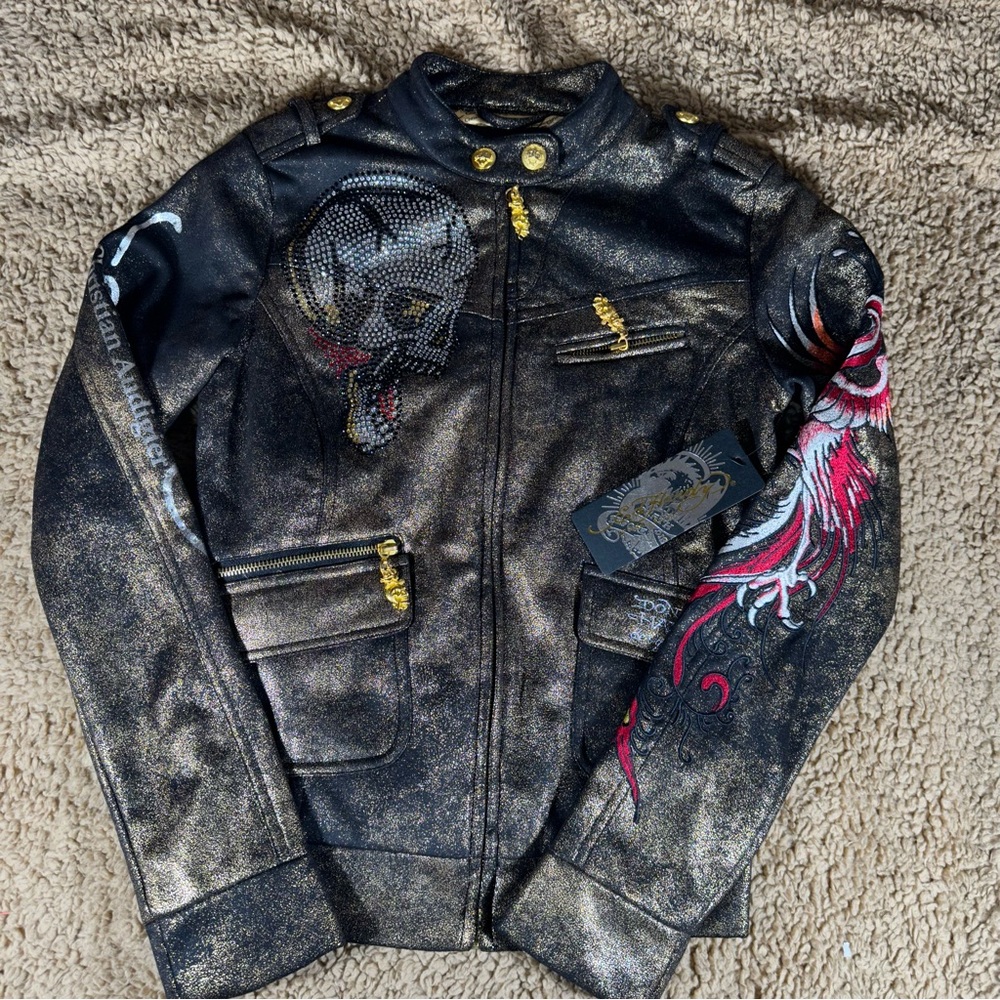 Brand New Vintage Don Ed Hardy Skull Love Kills Slowly Women Jacket Size x-Small